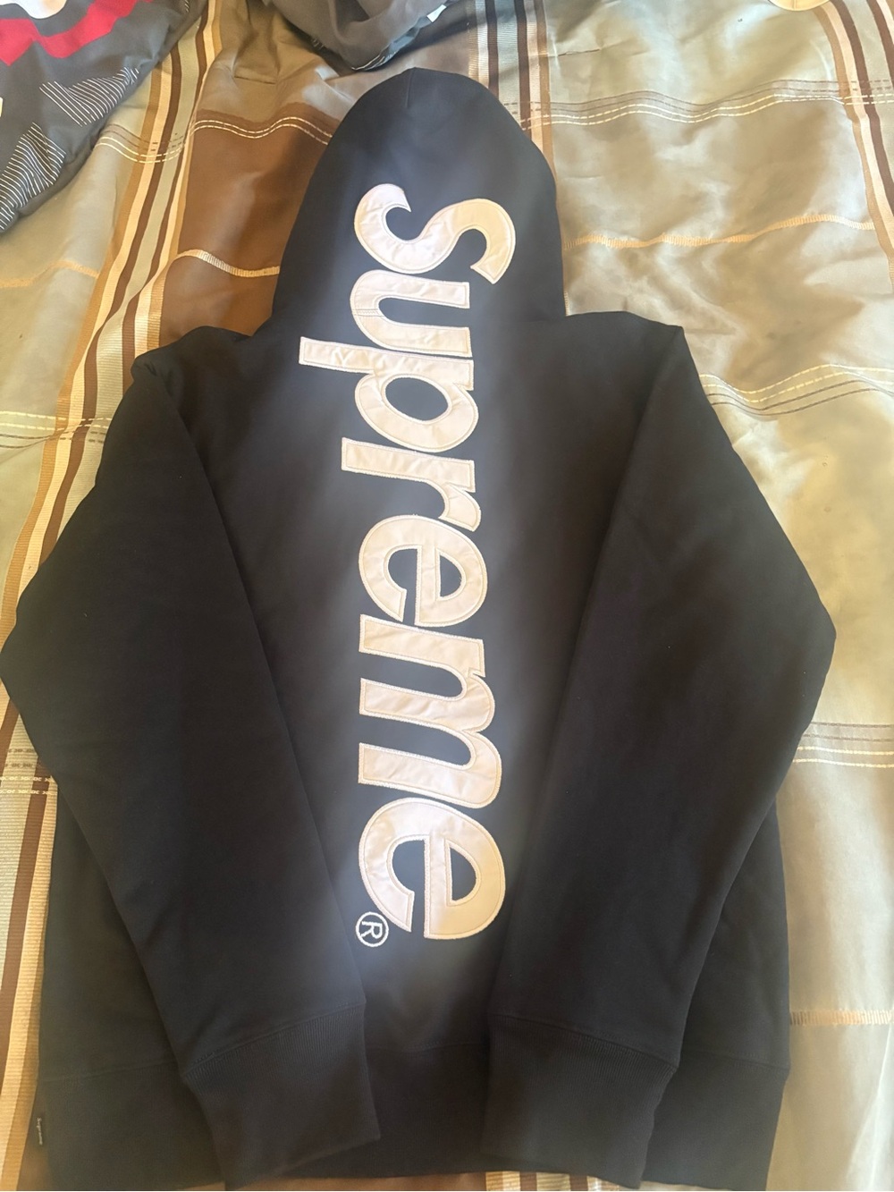 Black Supreme satin appliqué hoodie